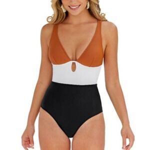 Cupshe Colombia Coast Colorblock Keyhole One Piece Swimsuit Orange White Black L